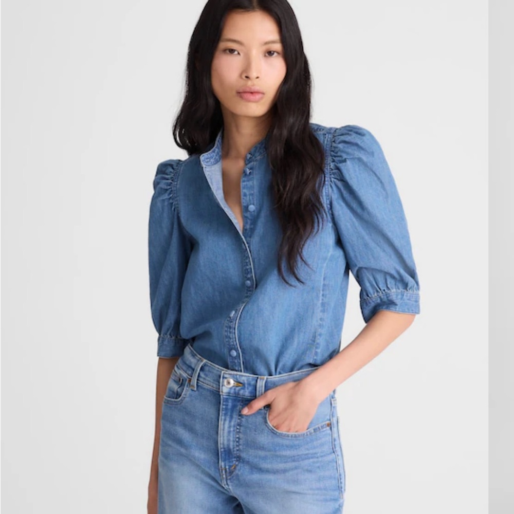 NWT Madewell Blue Denim Puff-Sleeve Button-Down Shirt